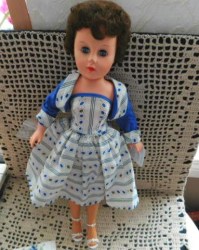 17'' VW VALENTINE ORIGINAL BRUNETTE FASHION DOLL, BLUE PRINT DRESS, JACKET, HEELS , RING